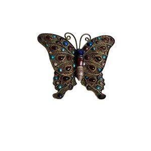Vintage Gold-Tone 925 Butterfly Brooch With Multicolored Gemstones & Intricate F
